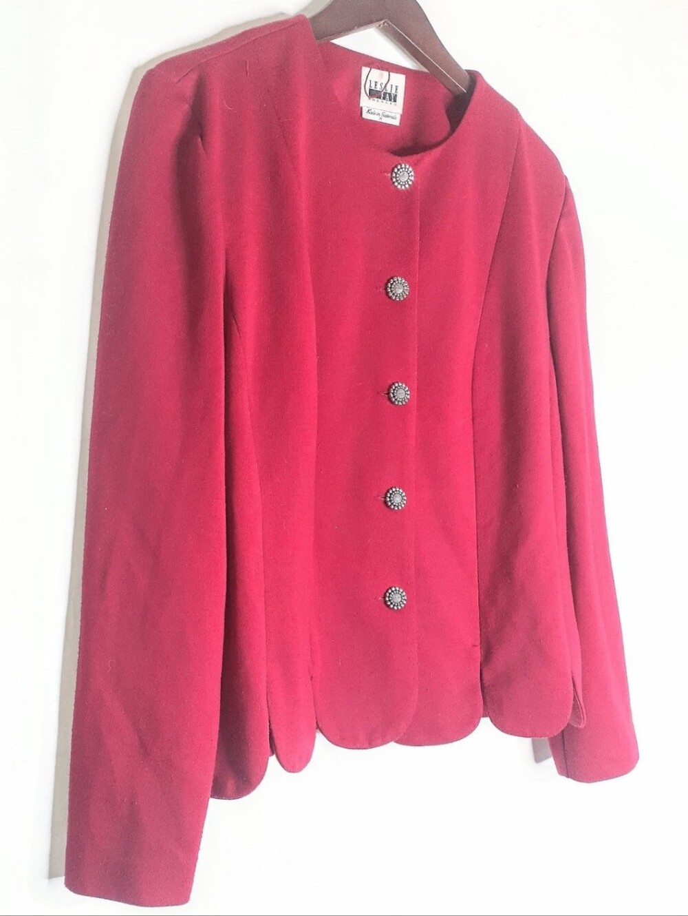 Leslie Fay Size 14 Vintage Blazer Red Buttons Scalloped Hem Stretch Women's